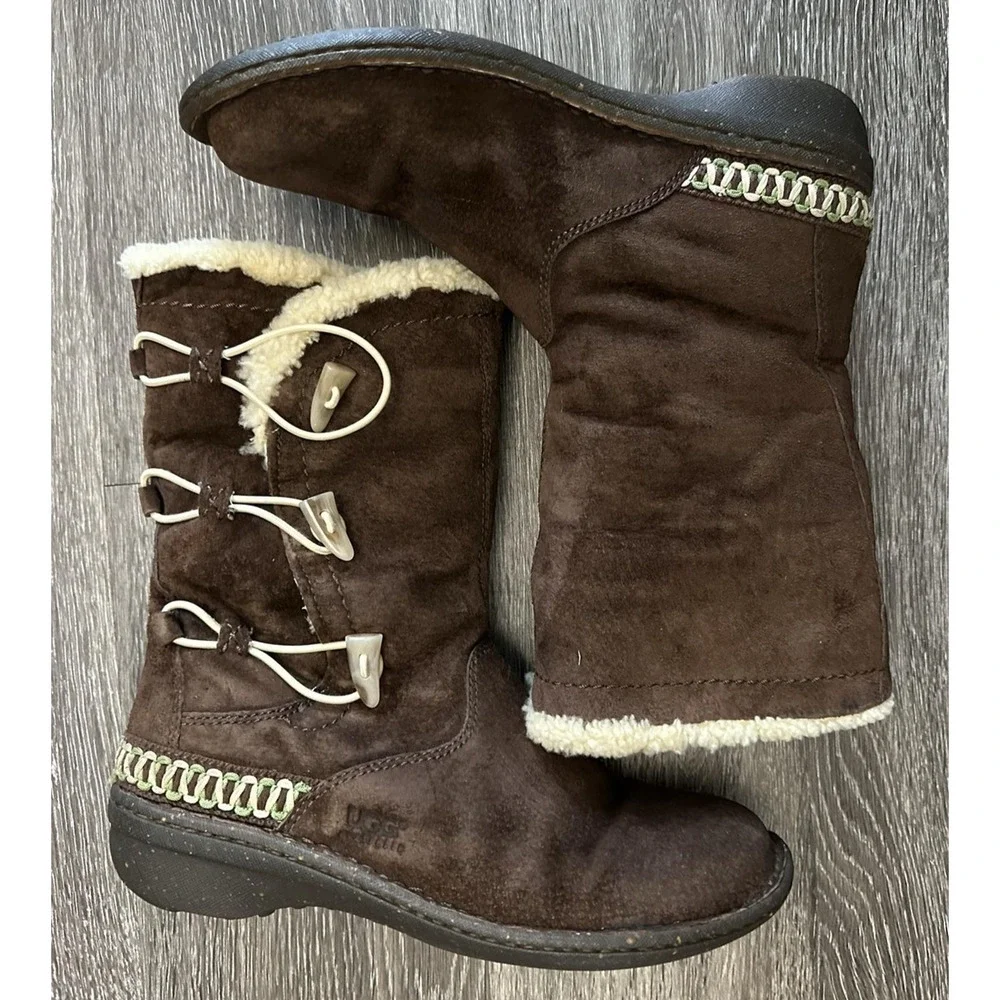 UGG Shearling Boots Kona Womens Size 9 Brown Suede Mid Calf Toggle Sheepskin